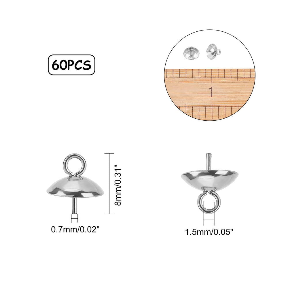 about 60pcs 8mm Stainless Steel Cup Pearl Peg Bails Pin Pendants Small Screw Eye Pins Clasps Hooks 0.7mm Pin Eye Screws for Half Drilled Beads Jewelry Earring Making, Stainless Steel Color
