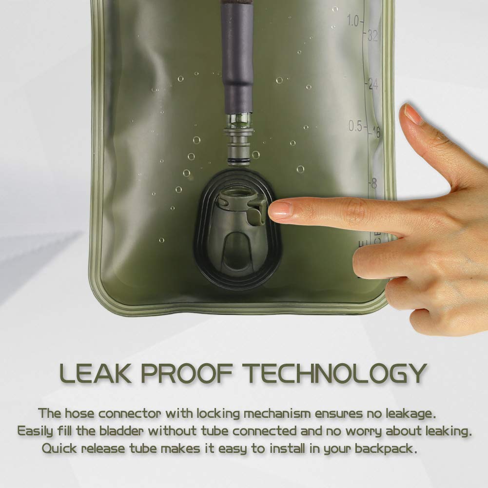 Hydration Bladder, 2L Water Bladder Military Green Leakproof Water Reservoir Storage Bag with Insulated Tube for Hydration Backpack, Outdoor Hiking Camping Running Cycling, Cleaning Kit