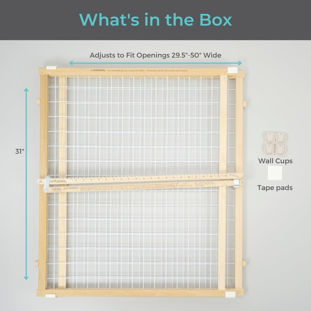 Extra Wide Wire Mesh Wooden Baby Gate: 29.5-50 Wide. Pressure Mounted Baby Gate for Doorway. (31 Tall, Sustainable Hardwood)