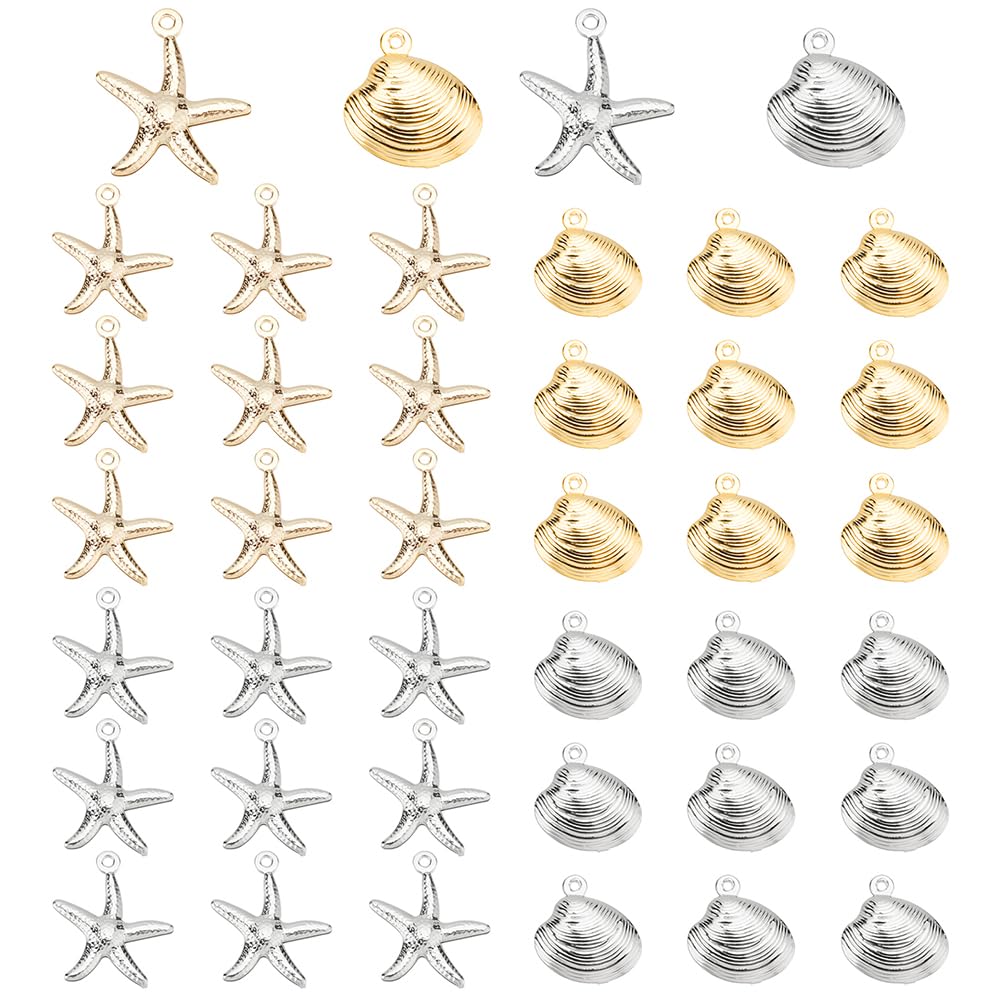 4 Styles Starfish Shell Charms, 40pcs Sea Scallop Metal Charms Pendants Ocean Seashell Dangle Charms Beads for Beach Summer Hawaii Earring Necklace Bracelet Jewelry Making