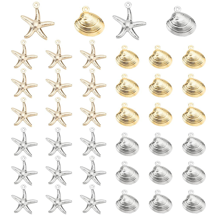 4 Styles Starfish Shell Charms, 40pcs Sea Scallop Metal Charms Pendants Ocean Seashell Dangle Charms Beads for Beach Summer Hawaii Earring Necklace Bracelet Jewelry Making