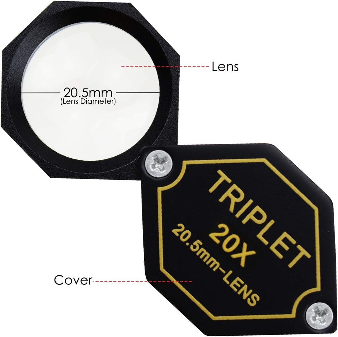 20x Magnifier Jewelry Loupe Triplet Lens 20.5mm Optical Glass Pocket Gem Magnifying Tool for Jeweler, Stamp Philatelist, Coin numismatic, Achromatic Black Hexagonal Design Kit Set