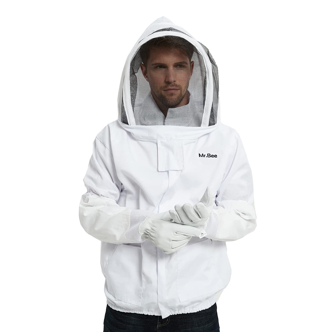Premium Beekeeping Suit Jacket with Removable Fencing Veil Hood, Beekeeper Goatskin Gloves for Professional Beekeepers (XL)