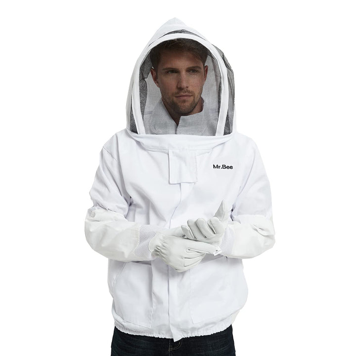 Premium Beekeeping Suit Jacket with Removable Fencing Veil Hood, Beekeeper Goatskin Gloves for Professional Beekeepers (XL)