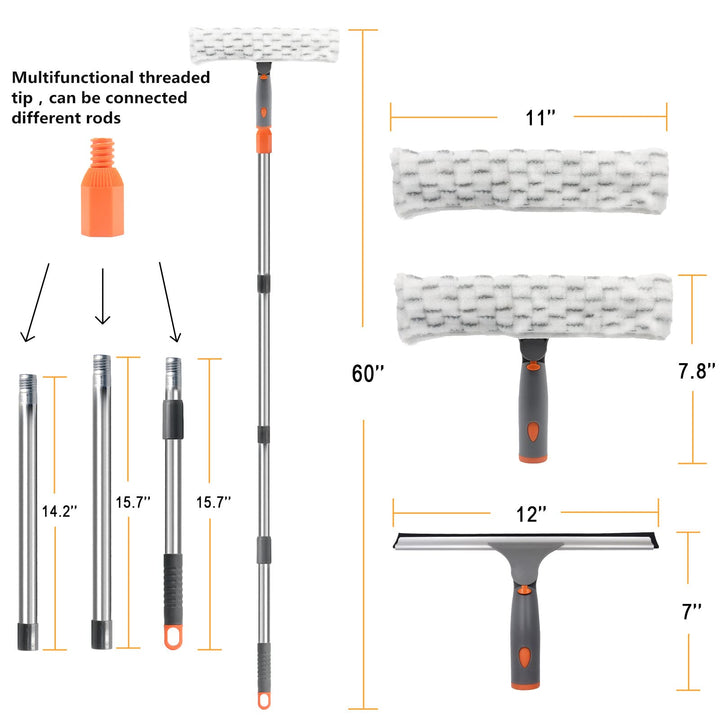 Squeegee for Window Cleaning, Long Handle Cleaner Tool with Extension Pole,11”Microfiber Cloth and 12”Wide Squeegee Cleaner Kit for Car,Shower Glass Door,High Windows