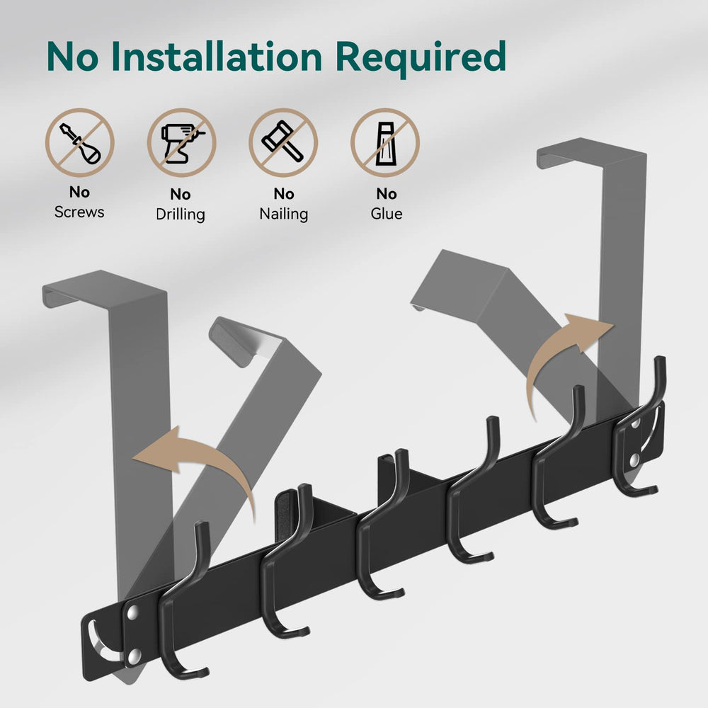 Over The Door Hook Folding without Assembly, Towel Organizer Rack for Bathroom, Heavy-Duty Door Rack with Hanger for Hanging Coat, Colthes, Shower Towel, Purse, Key, Jacket, Metal - Black