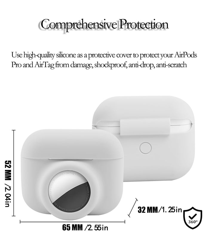 2 in 1 Protective Skin Case Compatible for Airpods Pro and Airtag Case Combo Set, Silicone GPS Tracker Cover Holder, Soft Shock-Proof Anti-Scratch Anti-Lost(White)