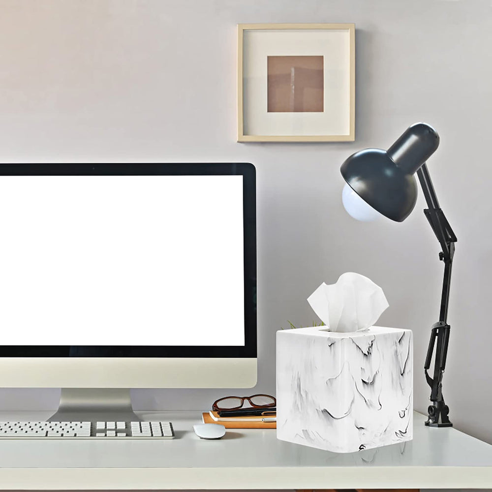 Resin Square Tissue Box Cover - Stylish Cube Tissue Box Holder with Open Bottom, Decorative Tissue Holder for Bathroom Vainty Toilet Dresser Desk Table Kitchen Countertop, Marble White