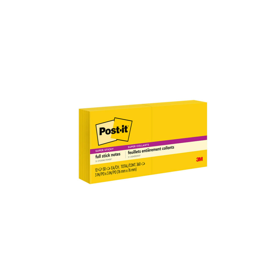 Super Sticky Full Stick Notes, 3x3 in, 12 Pads, 2x the Sticking Power, Electric Yellow, Recyclable (F330-12SSY)