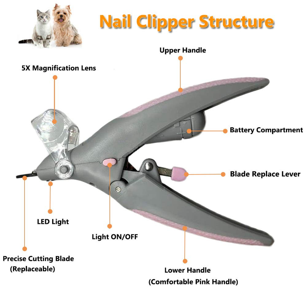 Illuminated Pet Nail Clipper, 5X Magnification Dog Nail Scissor Pet Grooming Trimmer Claw Care Tool, Features LED Light Great for Dogs Cats