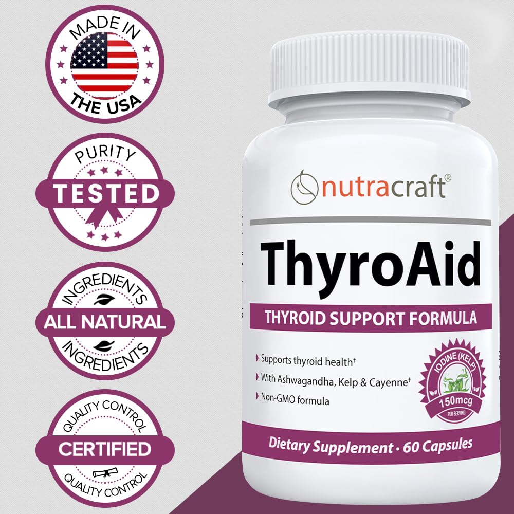 ThyroAid #1 Thyroid Support Supplement | Natural Herbal Thyroid Formula with Iodine (Kelp), Ashwagandha, L-Tyrosine & More | Support Thyroid Health & Energy Levels | 60 Capsules