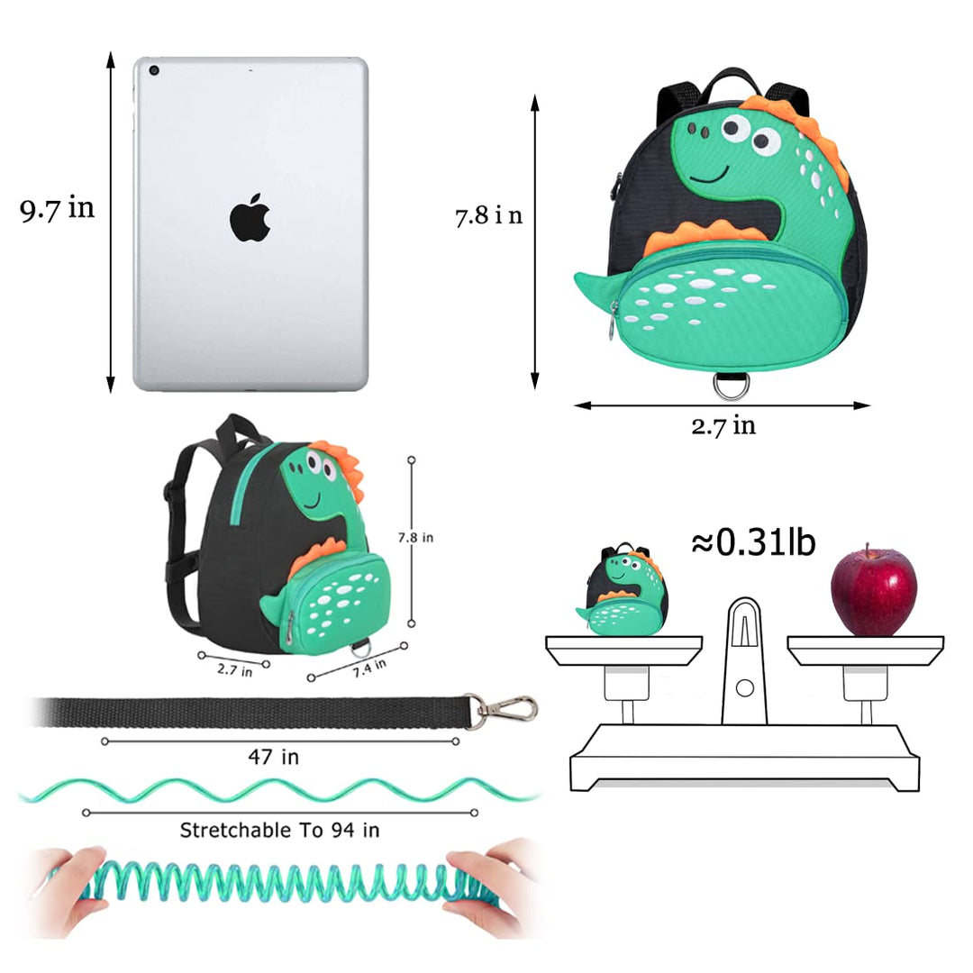 Dinosaur Toddler Backpacks with Leashes Anti Lost Wrist Link for 3 to 5 Years Kids Girls Boys Safety (Dinosaur, Black)