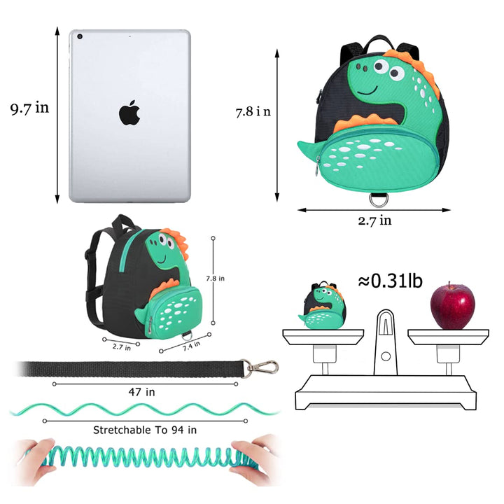 Dinosaur Toddler Backpacks with Leashes Anti Lost Wrist Link for 3 to 5 Years Kids Girls Boys Safety (Dinosaur, Black)