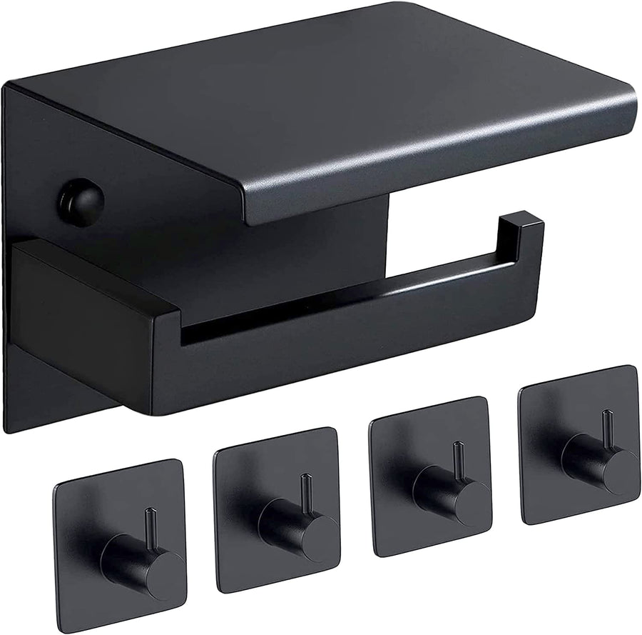 Toilet Paper Holder, Self Adhesive Matte Black Modern Square Bathroom Toilet. Paper Holder Wall Mount