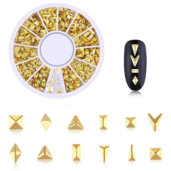 6 Boxes Gold Hollow Nail Metal Studs Modern Cross Geometry Nail Art Charm 3D Nail Jewelry Decoration With 1Pc Tweezers And Picker Pencil