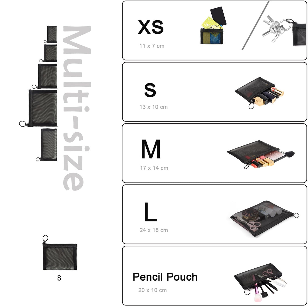 Patu Mini Zipper Mesh Bags, 4 x 5, Size S / A7, 5 Pieces, Beauty Makeup Lipstick Cosmetic Accessories Organizer, Small Travel Kit Storage Pouch, Black