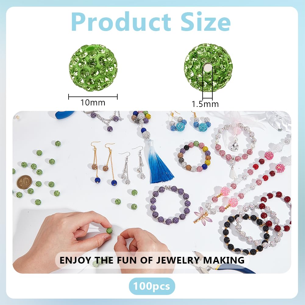 100pcs 10mm Green Rhinestone Beads Green Polymer Clay Beads Crystal Beads Pave Disco Ball Clay Beads Round Diamond Clay Beads for Necklace Bracelet Jewelry Making DIY Crafts