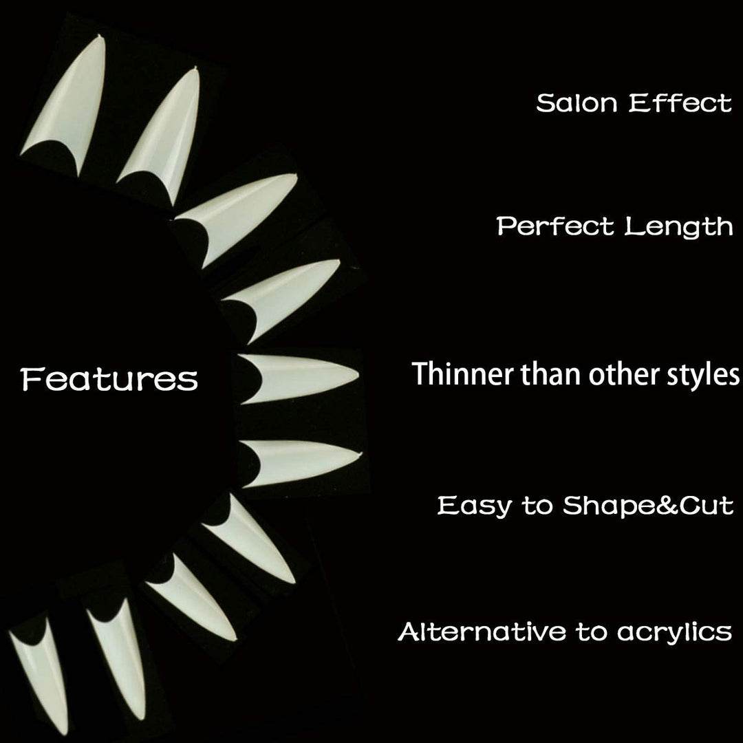 Kissbuty 500 PCS Stiletto Nails Natural Color Sharp Ending False Acrylic Nail Art Tips 10 Sizes With Box Perfect Length for Nail Salons and DIY Nail Art at home (Natural Stiletto Nail Tips)