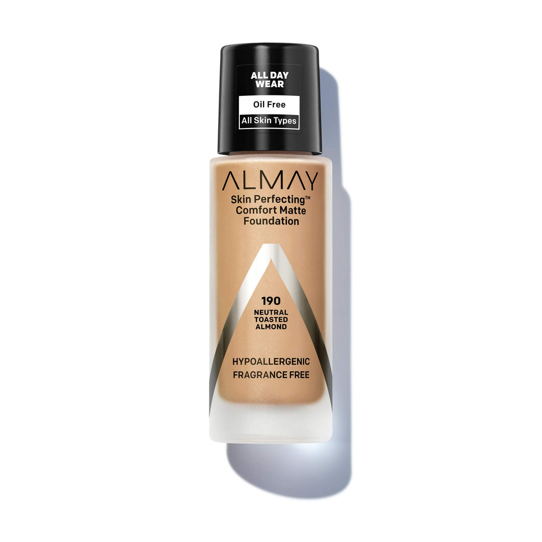 Skin Perfecting Comfort Matte Foundation, Hypoallergenic, Cruelty Free, -Fragrance Free, Dermatologist Tested Liquid Makeup, Neutral Toasted Almond, 1 Fluid Ounce