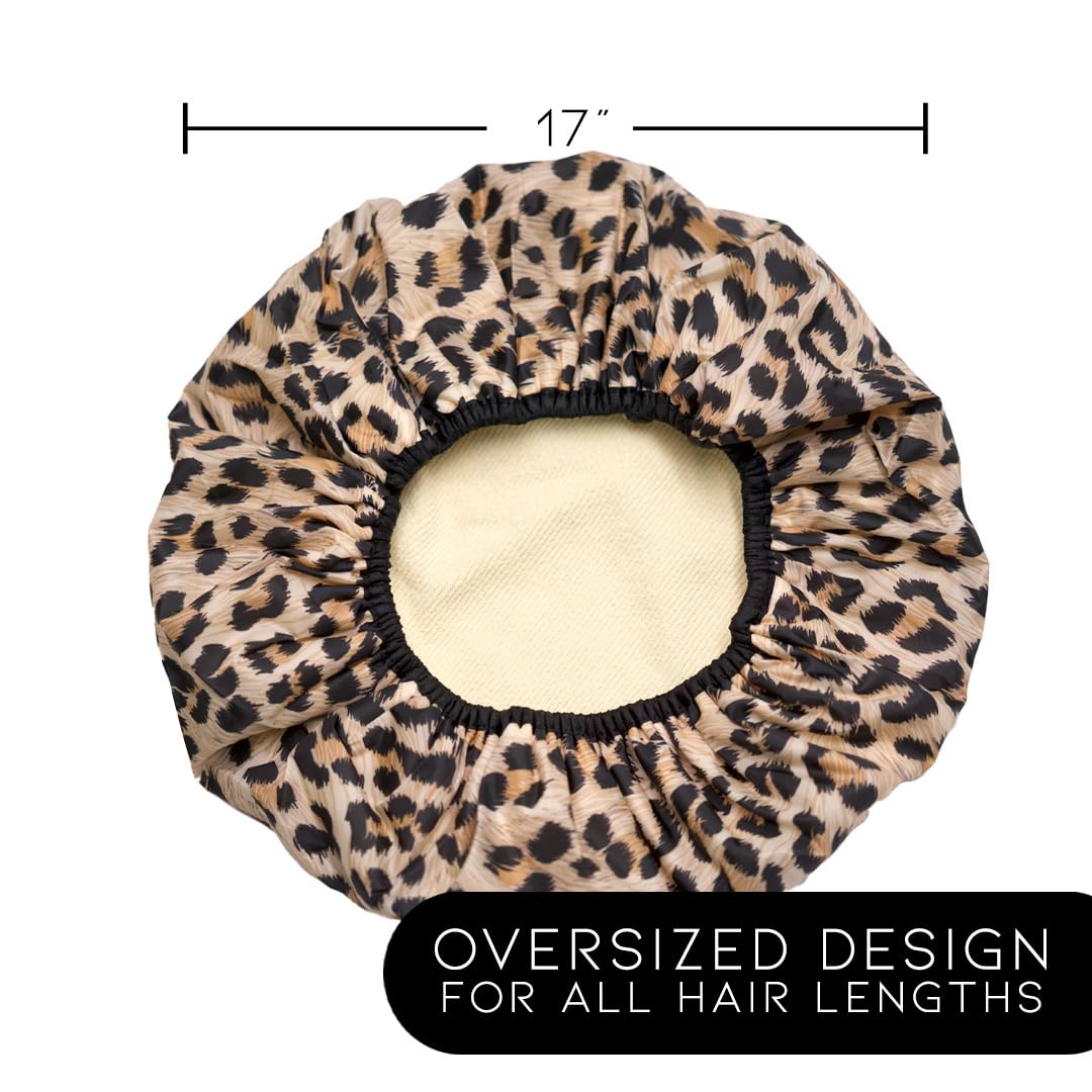 Reusable Nylon Shower Cap & Bath Cap, Reversible Oversized Waterproof Shower Caps Large Designed for all Hair Lengths w Terry Lining & Elastic Band Stretch Hem Hair Hat - Socialite Safari Spots