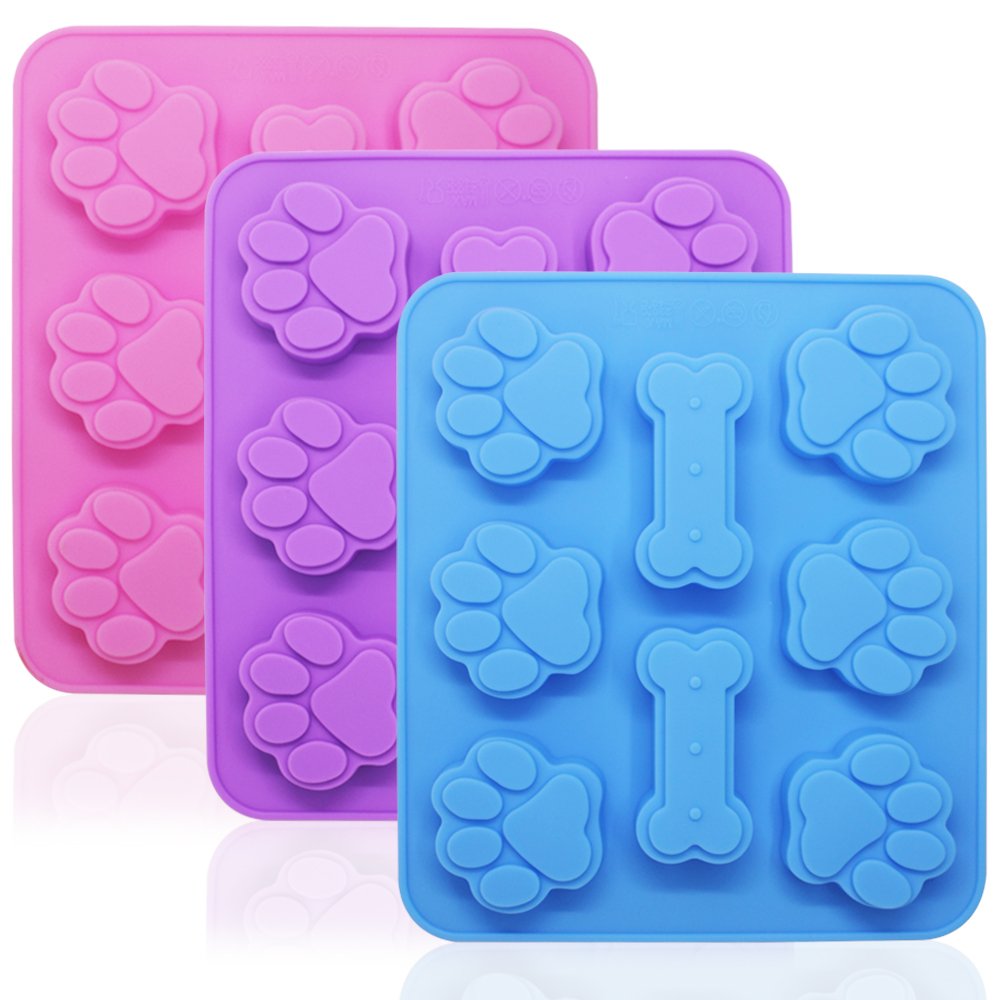 3 Pcs Silicone Molds Puppy Dog Paw & Bone Shaped 2 in 1, 8-Cavity, Reusable Ice Candy Trays Chocolate Cookies Baking Pans, Oven Microwave Freezer Dishwasher Safe-Pink, Blue, Purple