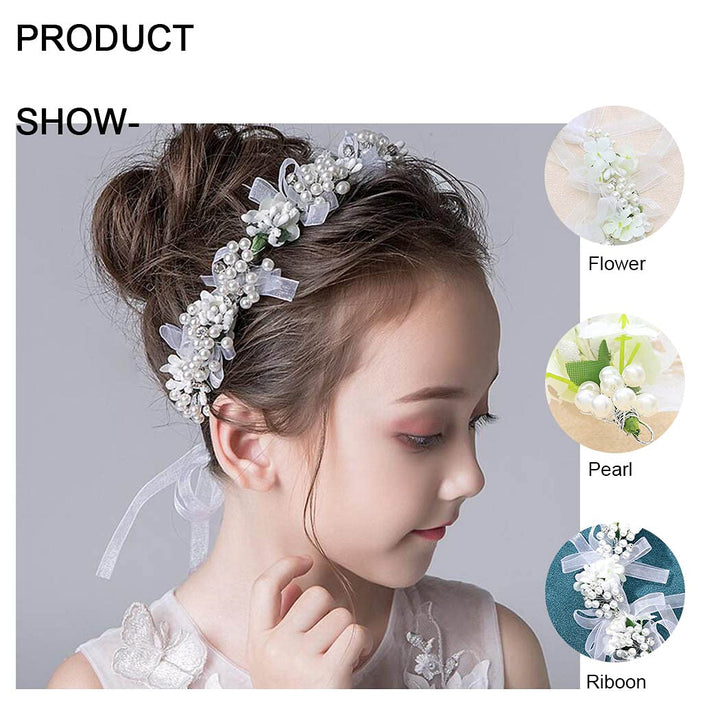 Girls Headpiece White Pearl Rhinestone Flower Headband Crystal Communion Hair Accessories Bridal Prom Photography for Women and Girls