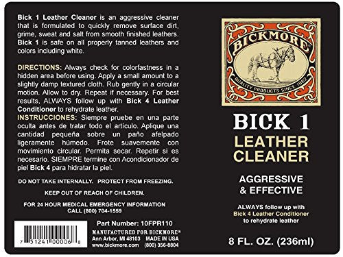 Bick 1 Leather Cleaner 8 oz - Clean Dirt, Oil, Sweat, Salt, and Water Stains from All Colored, White, and Black Leather