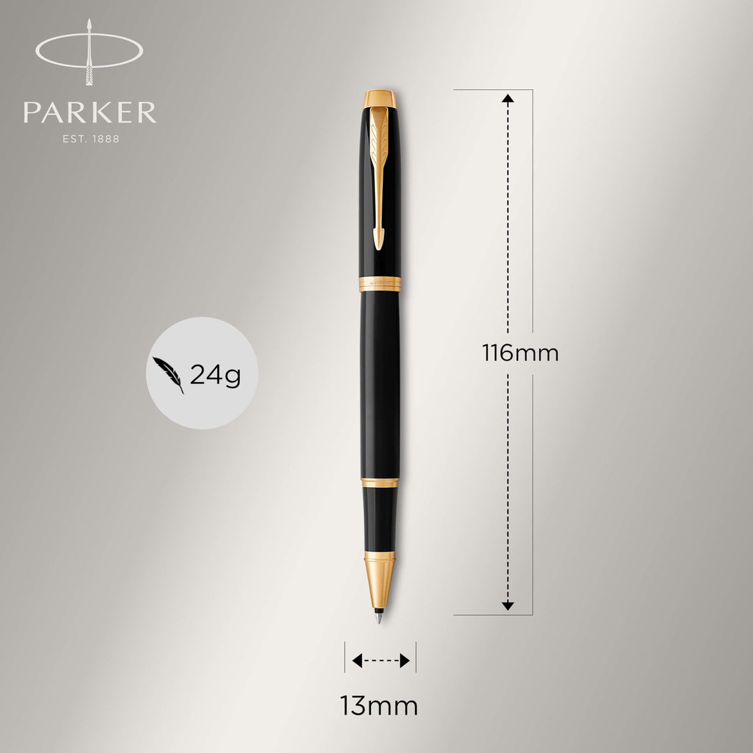 PARKER IM Rollerball Pen, Black Lacquer Gold Trim with Fine Point Black Ink Refill, Gift Box (1931659), Black and Gold