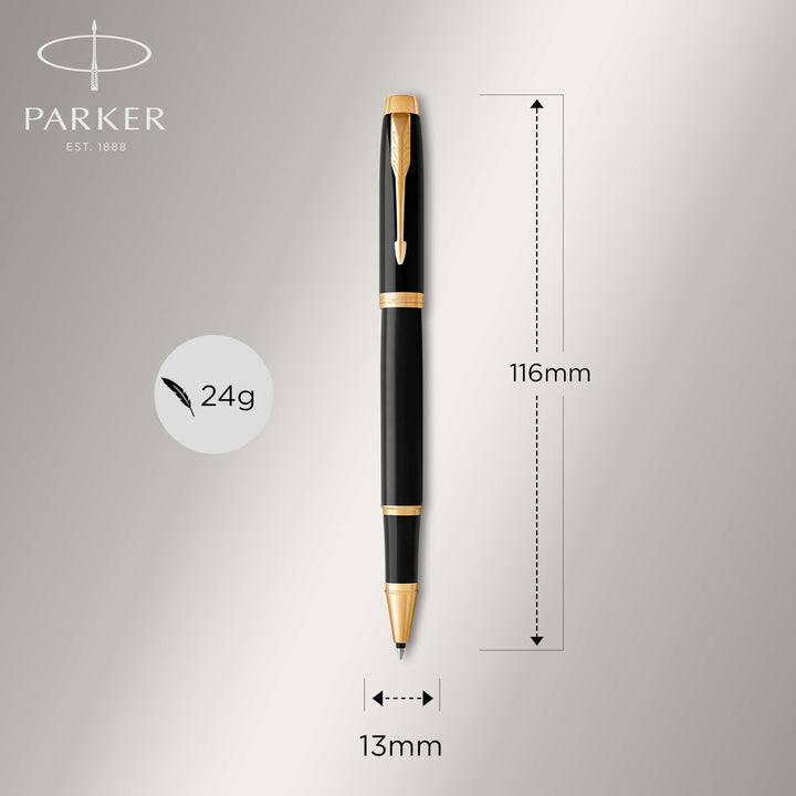 PARKER IM Rollerball Pen, Black Lacquer Gold Trim with Fine Point Black Ink Refill, Gift Box (1931659), Black and Gold