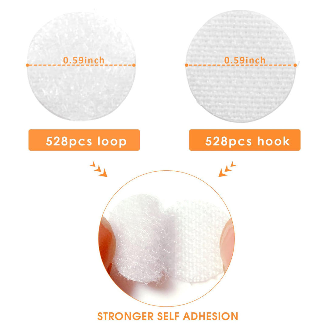 Self Adhesive Dots, 1056pcs(528 Pairs) 0.59” Diameter White Sticky dots, Hook & Loop dots with Strong Adhesive, Sticky Back Tapes 15mm for Classroom, Office, Home