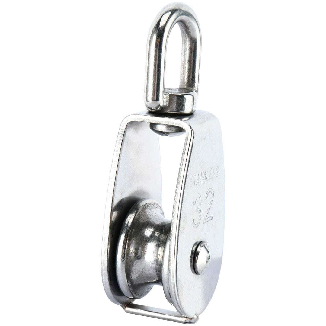 Single Pulley Block Sets, 304 Stainless Steel Lifting Single Pulley Block Cable Wire Towing Wheel with Snap Hook Clip (M32/32mm, 1PC)