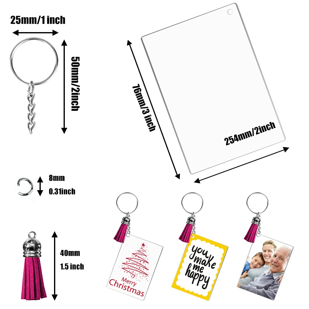 96 PCS Acrylic Keychain Blanks Tassel Set Including 24 Clear Rectangle Acrylic Blanks (2x3 Inch) 24 Keychain Tassels, 24 Key Chain Rings and 24 Jump Rings for DIY Song Keychains, Custom Vinyl