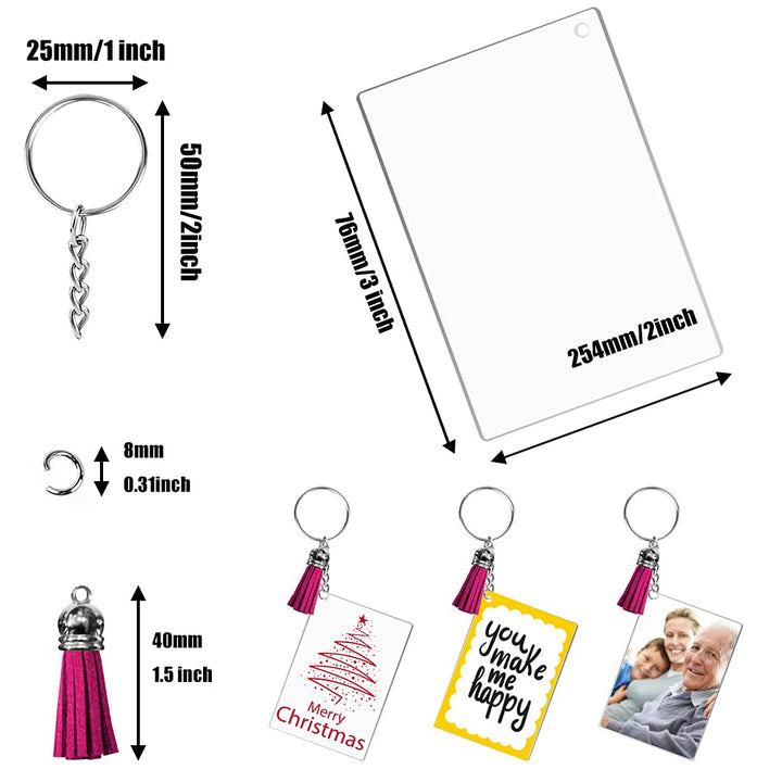 96 PCS Acrylic Keychain Blanks Tassel Set Including 24 Clear Rectangle Acrylic Blanks (2x3 Inch) 24 Keychain Tassels, 24 Key Chain Rings and 24 Jump Rings for DIY Song Keychains, Custom Vinyl