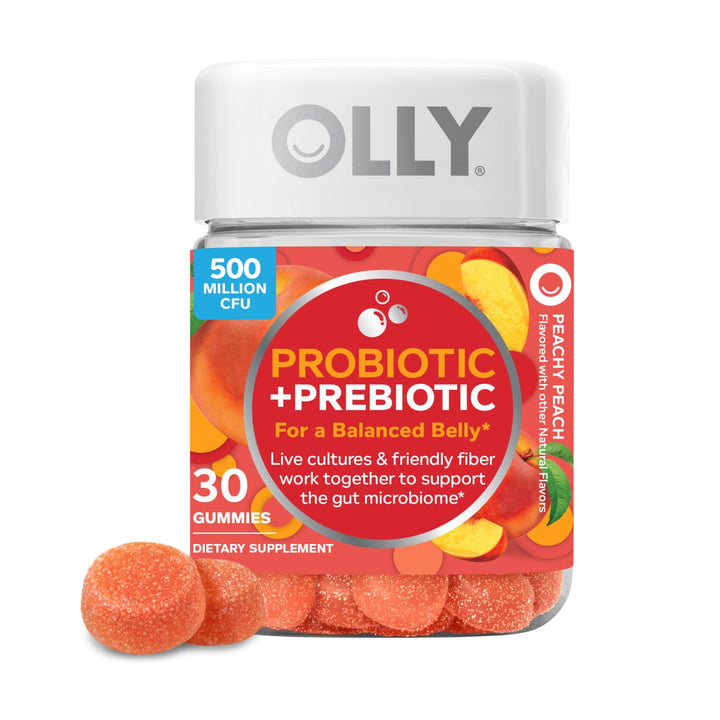 Probiotic + Prebiotic Gummy, Digestive Support and Gut Health, 500 Million CFUs, Fiber, Adult Chewable Supplement for Men and Women, Peach, 30 Day Supply - 30 Count