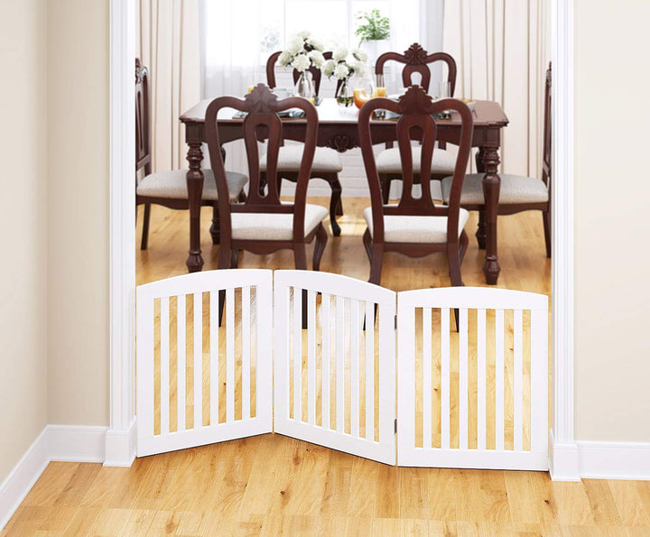 Wooden Freestanding Foldable Pet Gate for Dogs, 24 inch 3 Panels Step Over Fence, Dog Gate for The House, Doorway, Stairs, Extra Wide (White, 24 Height-3 Panels)