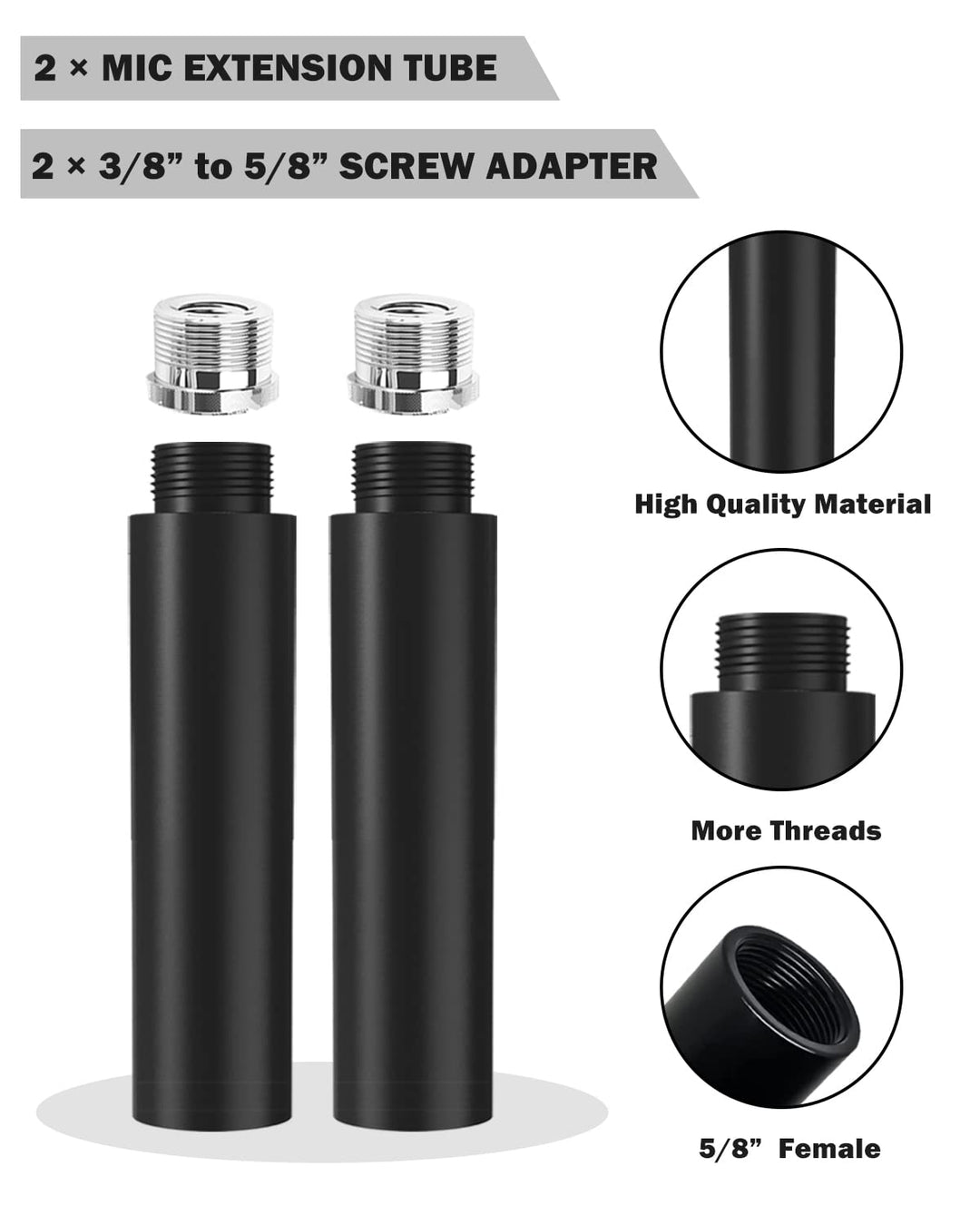 Mic Stand Extension Tube, 5/8 Female to 5/8 Male Microphone Extension Pipe Microphone Stand Extender with 2 Screw Aadpters for Desk Boom Arm Stands, 2Pcs