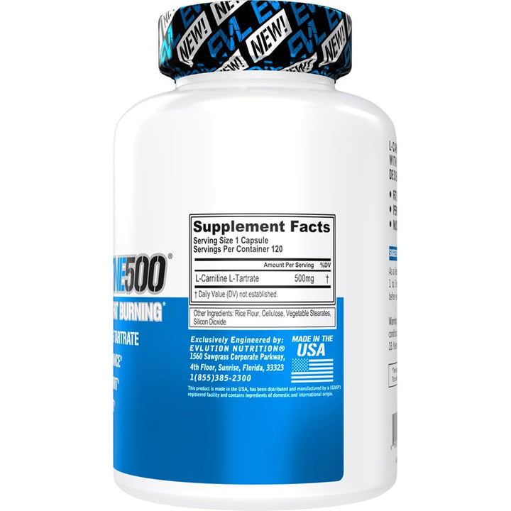 EVL L-Carnitine Supplement for Weight Loss Support - L carnitine 500mg Diet Pills For Weight Loss Lean Muscle Growth and Fat Burning Support with Stimulant Free L Carnitine L Tartrate - 120 Servings