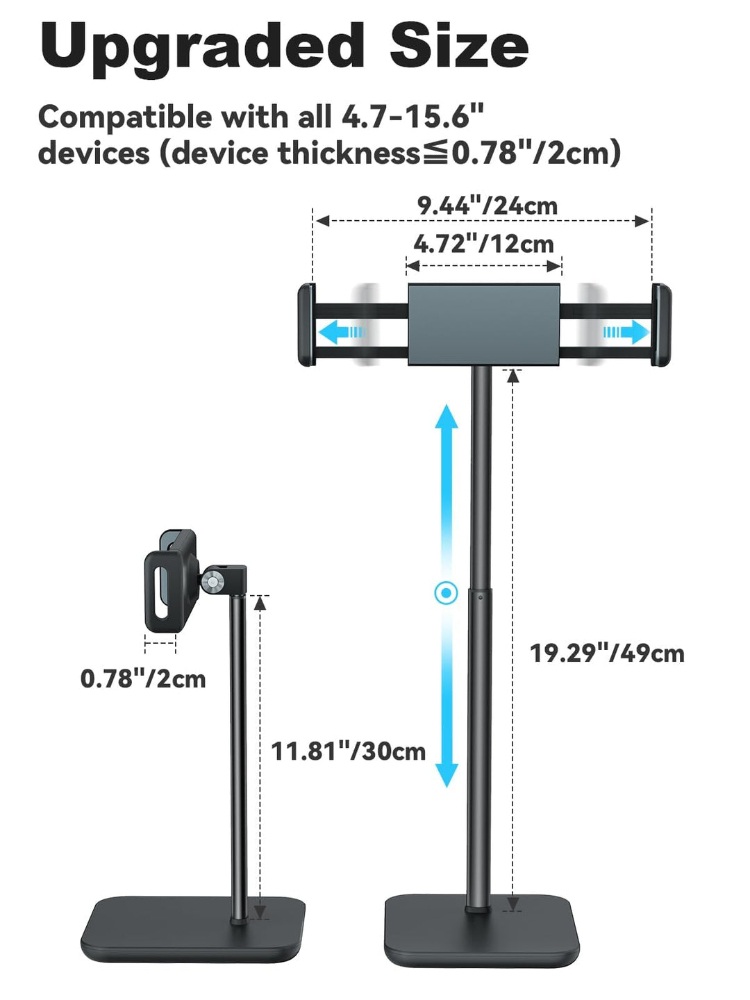 Adjustable iPad Stand with 21 Height Extension, 360° Swivel Tablet Holder for Desk, Surface Pro Stand, Portable Monitor Stand Compatibility with 4.7-15.6 Tablets and Smartphones, Display - Black