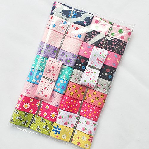 Assorted 20 Yards Grosgrain Ribbon Bow Daisy Butterfly Cake Love Heart Dots Flower Rose Smile Face Craft DIY Packing Hair Bow Accessory