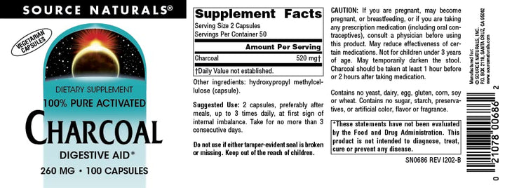 Charcoal - 100% Pure Activated, Digestive Aid - 100 Capsules
