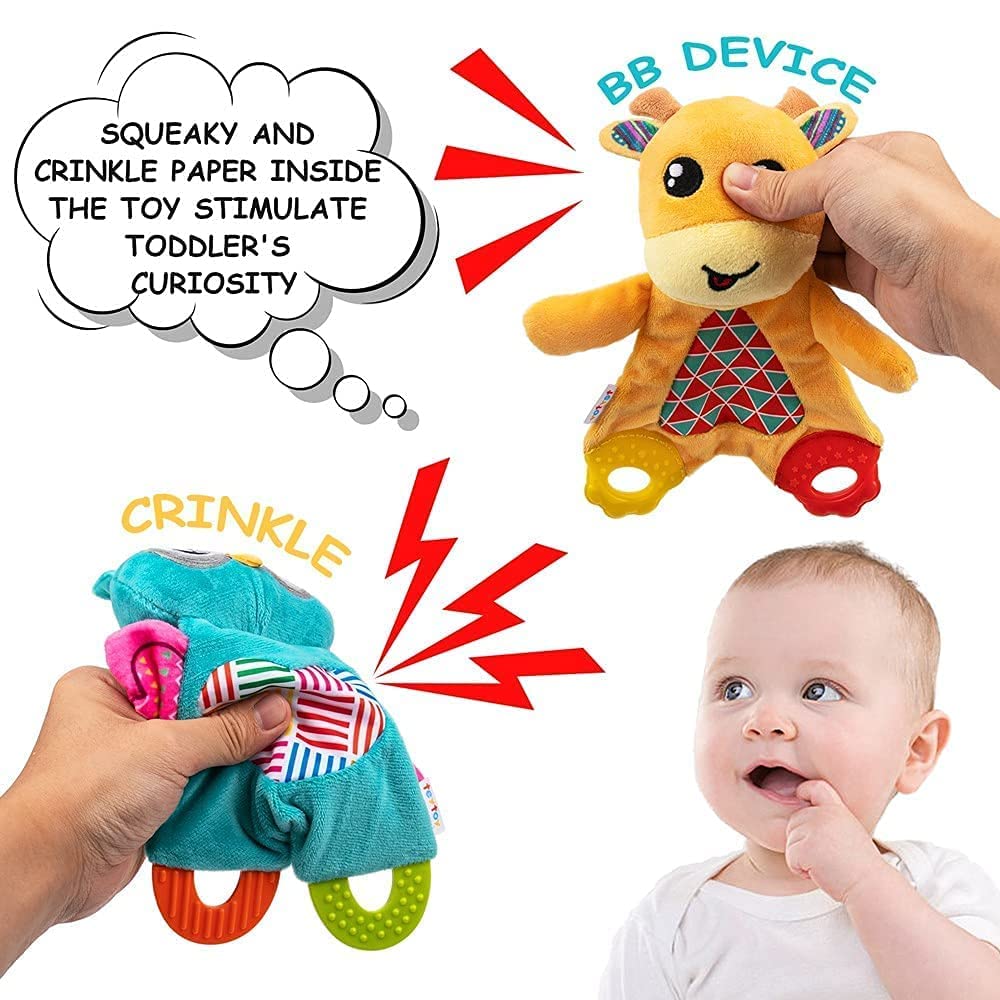 2 Pcs Crinkle Toys for Baby with Teether, Baby Teething Sensory Toys Newborn Bib Saliva Soother Towel, Soft Snuggle Sleeping Security Blanket for Unisex Babies 0-36 Months Gifts(Owl and Deer)