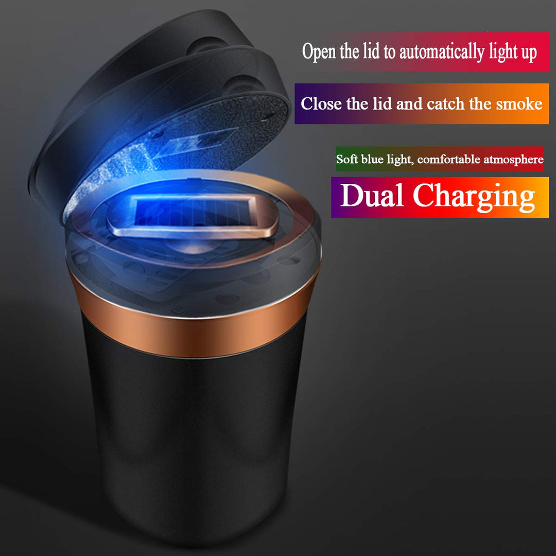 Car Ashtray Detachable Ceramics with Lid Led Light and Removable Lighter Solar Energy and USB Dual Charging for Most Car Cup Holder(1. Black with Lighter)