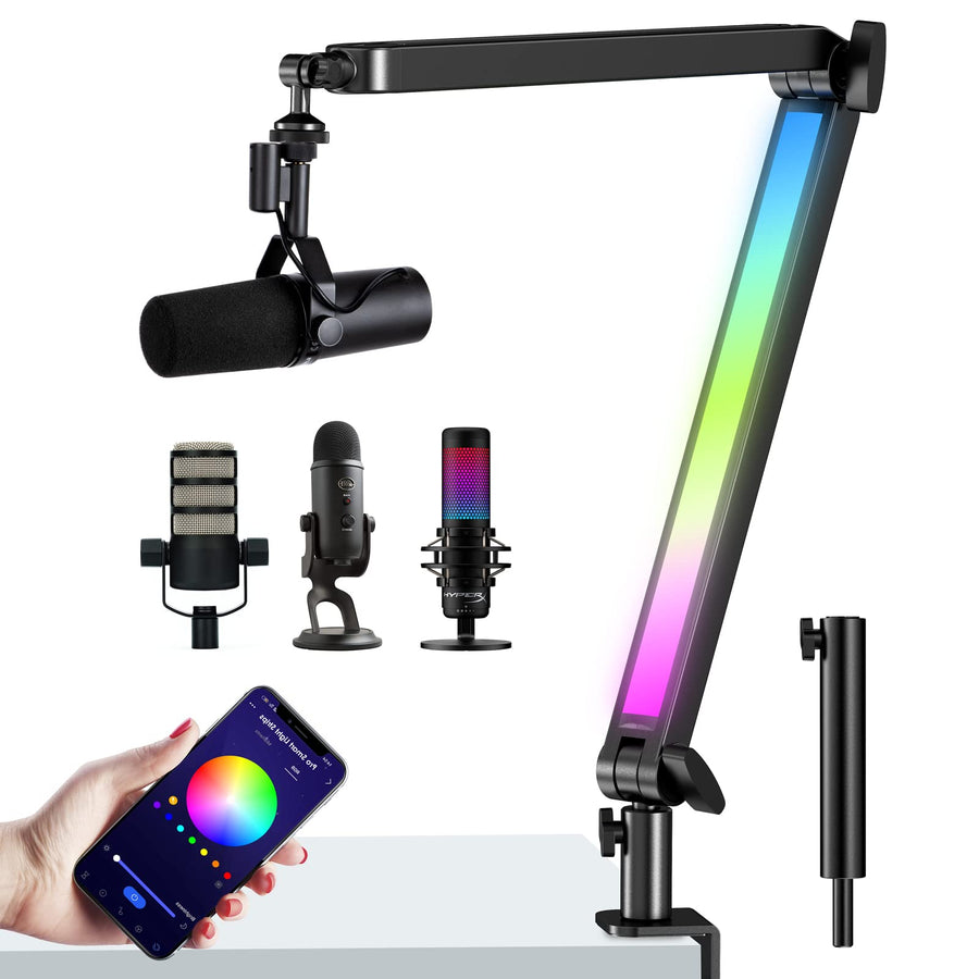 RGB Mic Boom Arm for Fifine, HyperX QuadCast 1/2 / QuadCast S/SoloCast, Shure SM7B / MV7, Blue Yeti, Rode, Shure, Razer, Gaming Mic and Most Microphones using 3/8 to 5/8 Adapter