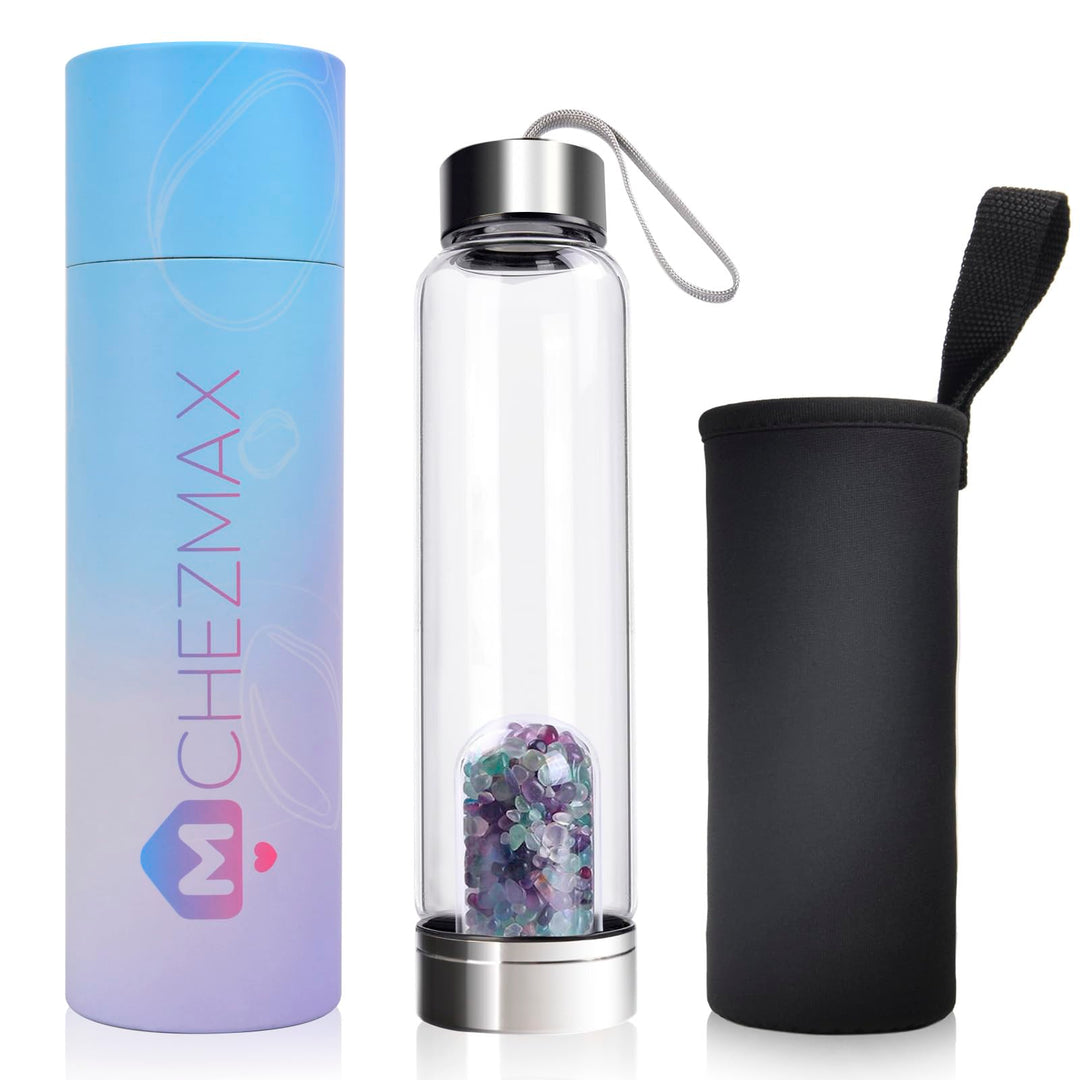 Crystal Water Bottle - Quartz Glass Water Bottle with Changeable Natural Crystal Center,Loose Natural Gem Leaf Tea Infuser Bottle, Gemstone Elixir Infused Glass Water Bottle with Sleeve Protective