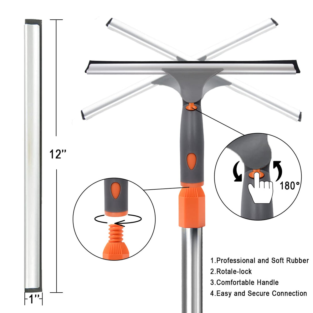 Squeegee for Window Cleaning, Long Handle Cleaner Tool with Extension Pole,11”Microfiber Cloth and 12”Wide Squeegee Cleaner Kit for Car,Shower Glass Door,High Windows