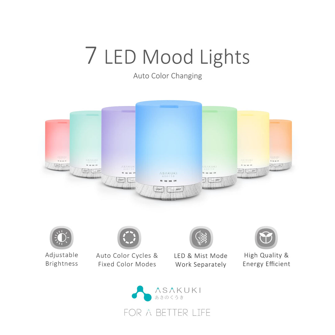 300ML Essential Oil Diffuser, Quiet 5-in-1 Premium Humidifier, Natural Home Fragrance Aroma Diffuser with 7 LED Color Changing Light and Auto-Off Safety Switch -White