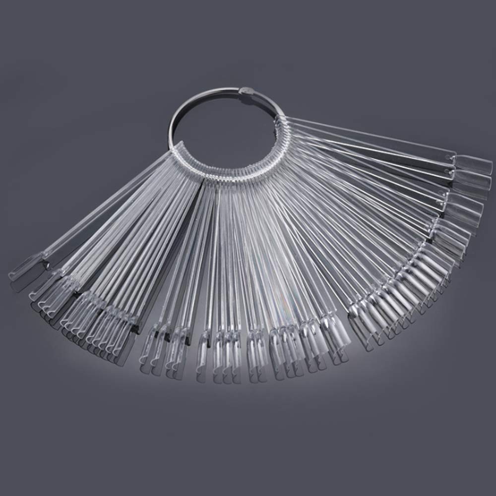 2 Sets 100 Tips Transparent Plastic Nail Swatches Sticks Fan Shape Nail Polish Display Board Practice Tool with Metal Ring Holder