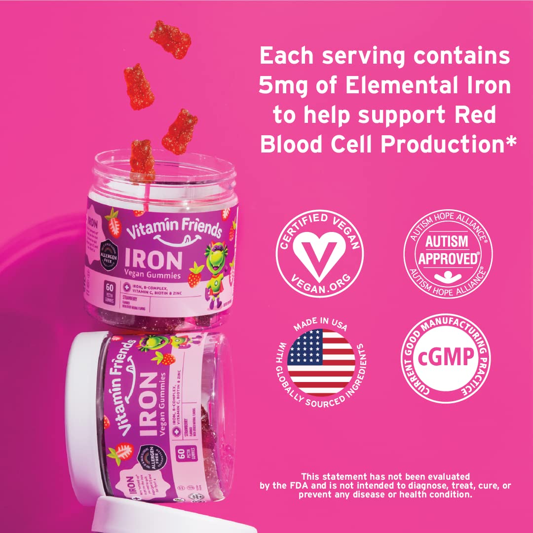 - Vegan Multivitamin & Iron for Kids - Daily Nutritional Support Gummies w/Ferrous Fumarate B-Complex, Vitamin C, Zinc, Biotin - Body Function & Anemia - Strawberry, (60 Day Supply)