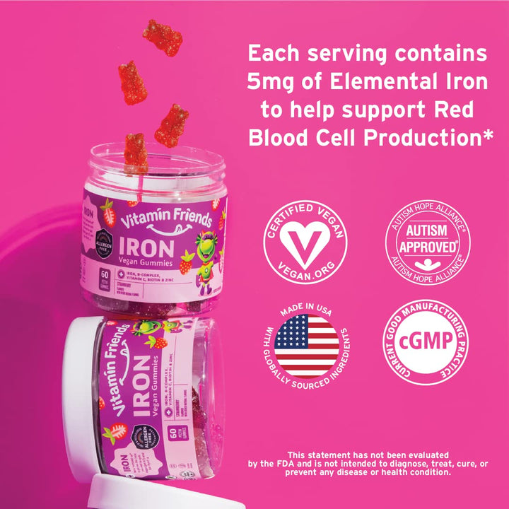 - Vegan Multivitamin & Iron for Kids - Daily Nutritional Support Gummies w/Ferrous Fumarate B-Complex, Vitamin C, Zinc, Biotin - Body Function & Anemia - Strawberry, (60 Day Supply)