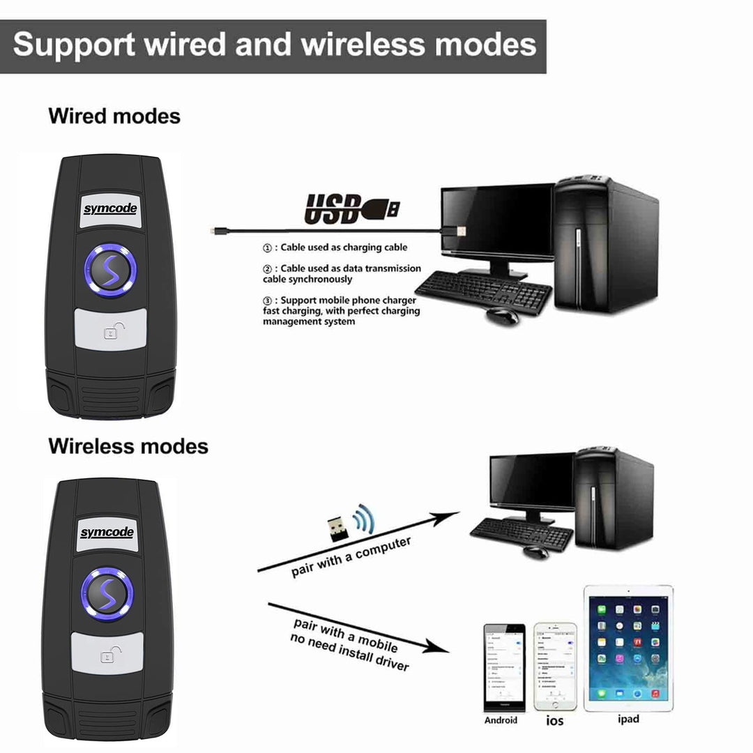 Mini 2D Portable Handheld Bluetooth Barcode Scanner Wireless 2.4G & USB Wired 3-in-1 Bar Code Scanner Portable USB QR Code Scanner for Windows.Android.iOS.MAC